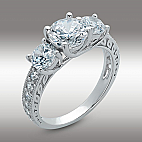 Three Stone Engagement Ring 2.61 Ct Round Brilliant with Accents in 14K White Gold